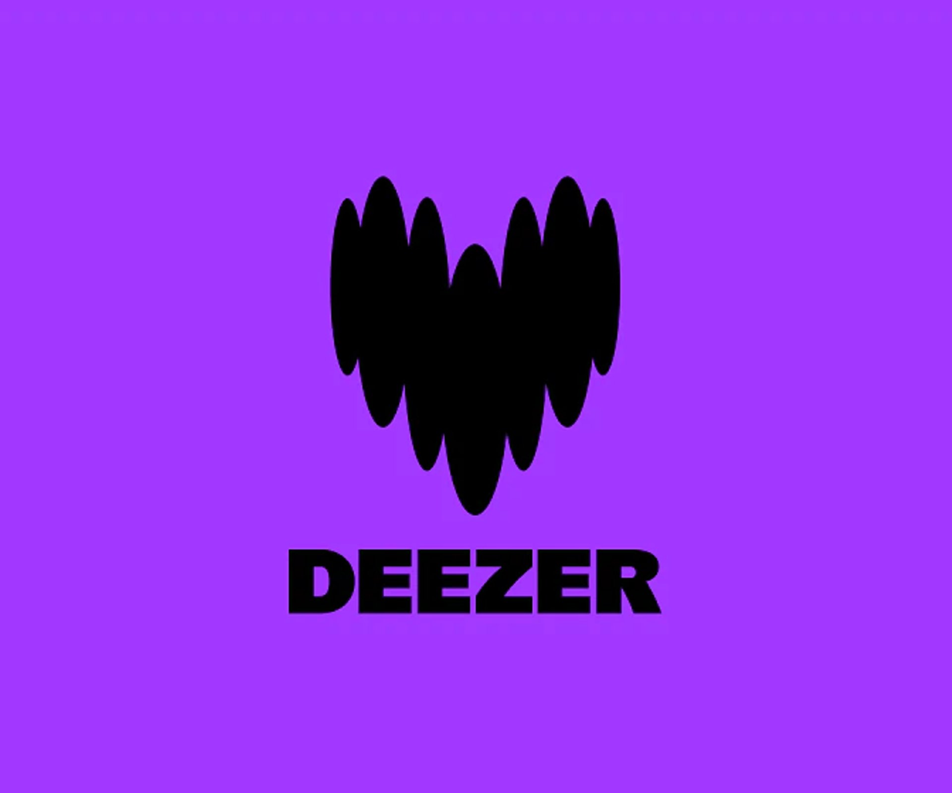 Deezer-logo i sort på lilla baggrund med ikon over teksten.