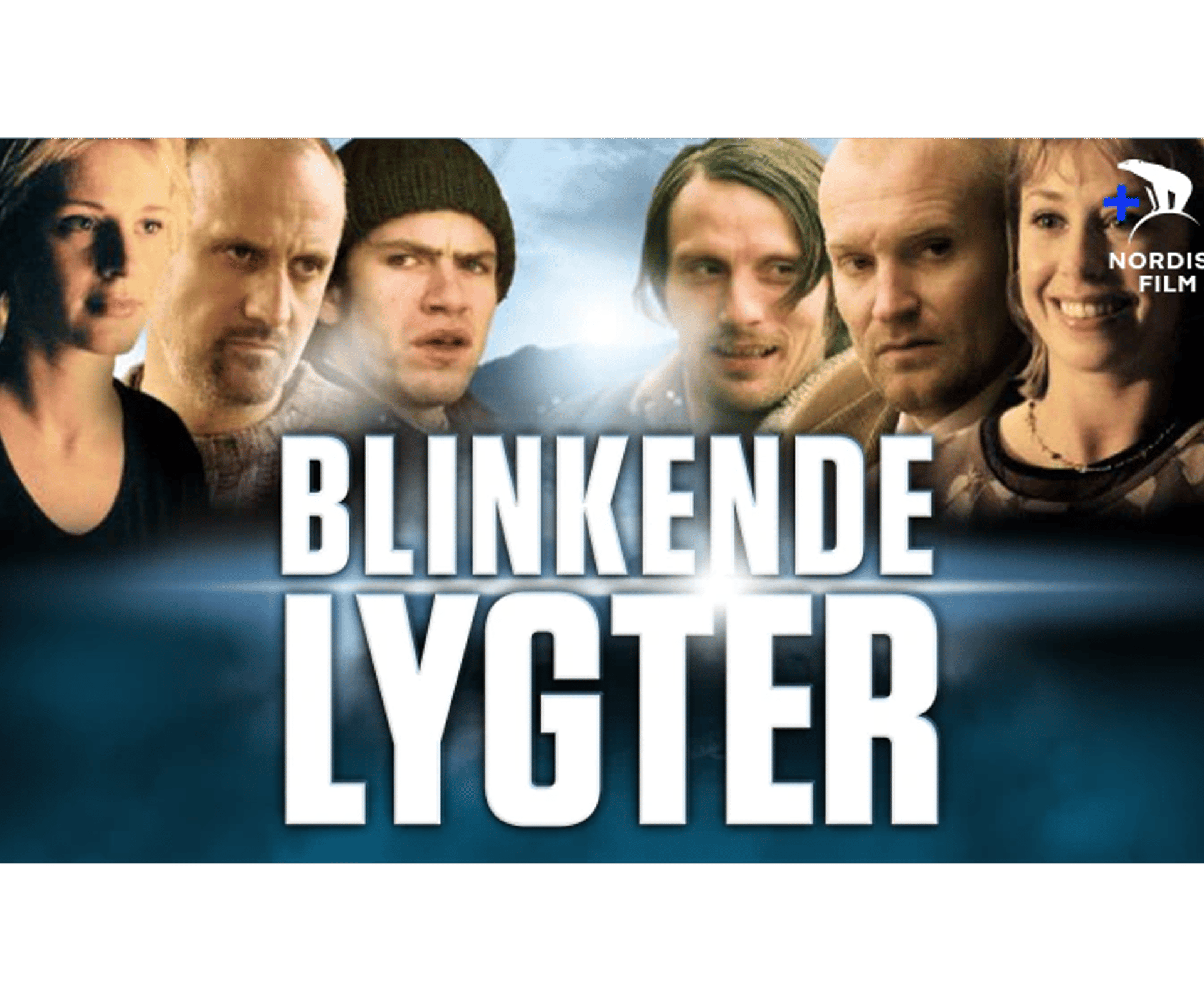 Nordisk Film-plakat for Blinkende Lygter med seks personer og stor hvid filmtitel på blå baggrund.
