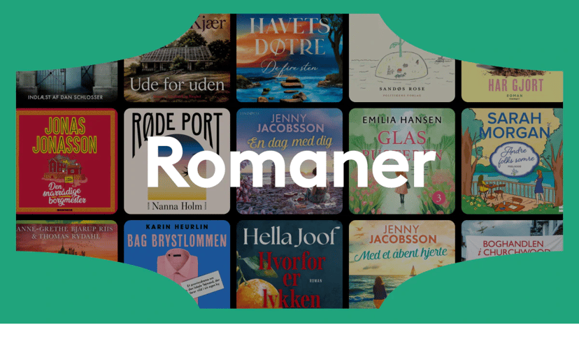 Kollage af bogomslag med ordet "Romaner" i store hvide bogstaver på grøn baggrund.
