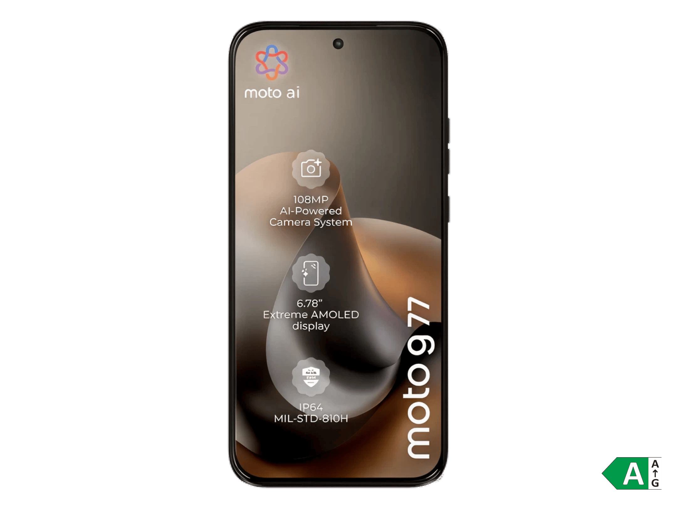 Motorola G77 mobil med 108 MP AI-drevet kamerasystem, 6,78" AMOLED-skærm og IP64-beskyttelse.