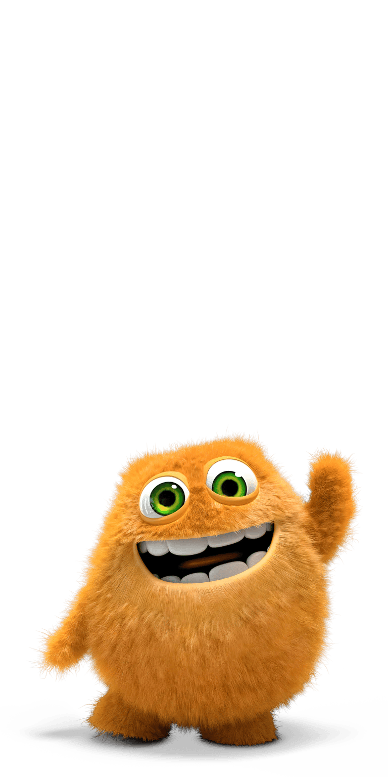 En glad, orange Lille Pris med store grønne øjne og et bredt smil vinker til beskueren.