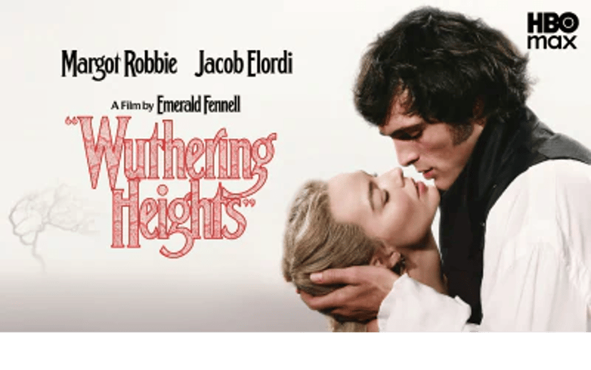 HBO Max-plakat for Wuthering Heights med Margot Robbie og Jacob Elordi i et romantisk nærbillede.