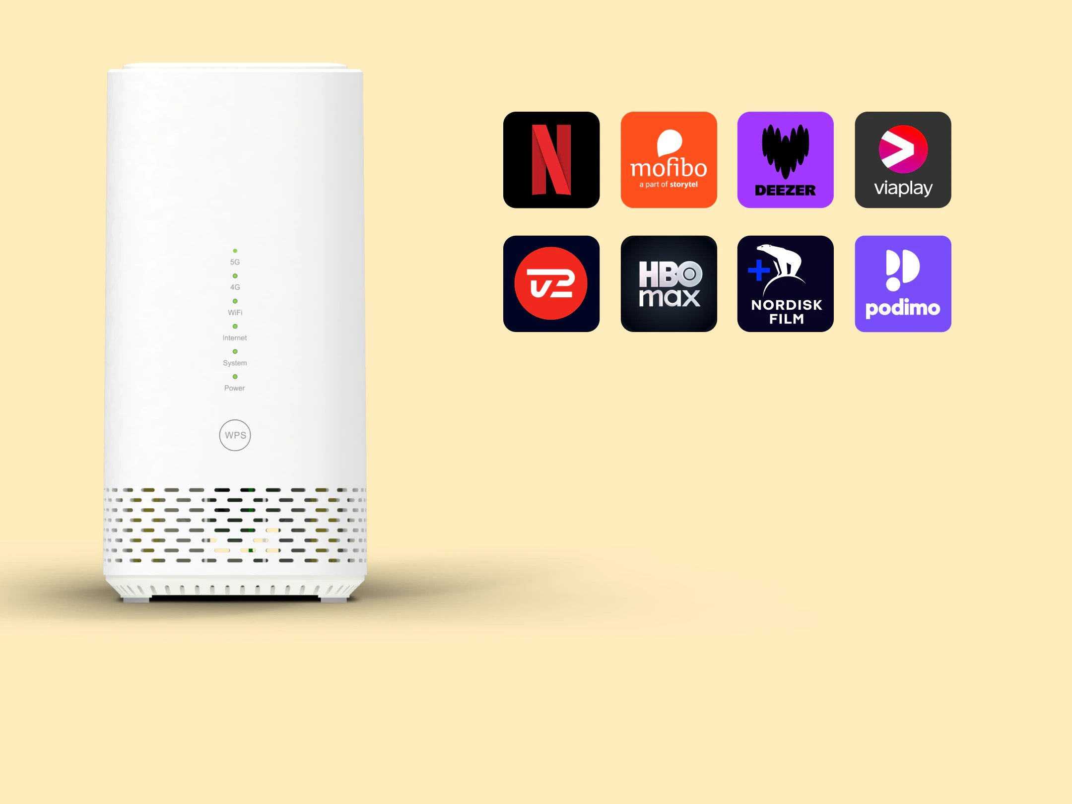 Hvid router til 5G og WiFi ved siden af ikoner for streamingtjenester som Netflix, HBO Max, Viaplay og Podimo.