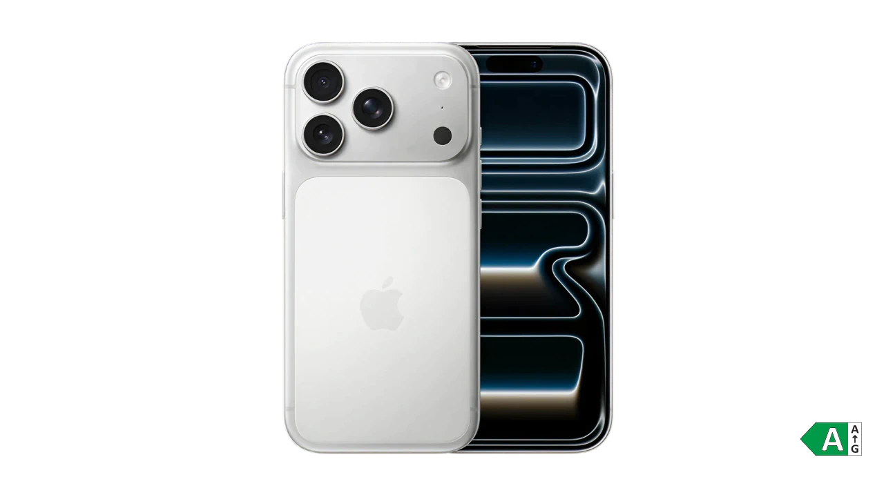 To iPhone 17 Pro-modeller, set forfra og bagfra, i hvid og sort med tydeligt kamera-layout.