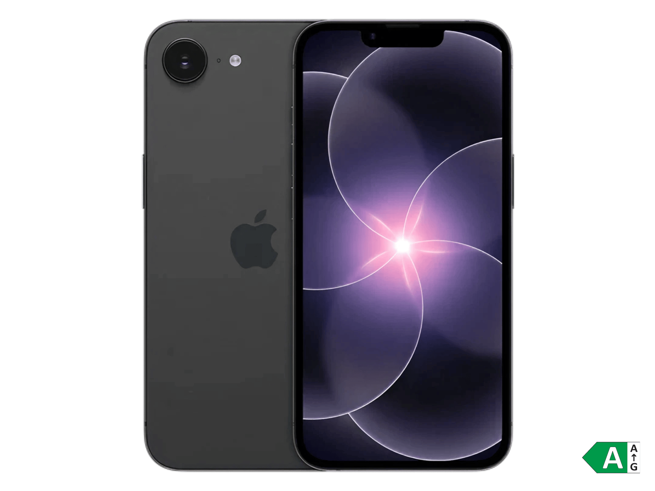 Sort iPhone 17e set forfra og bagfra med lilla skærmbaggrund på sort baggrund.