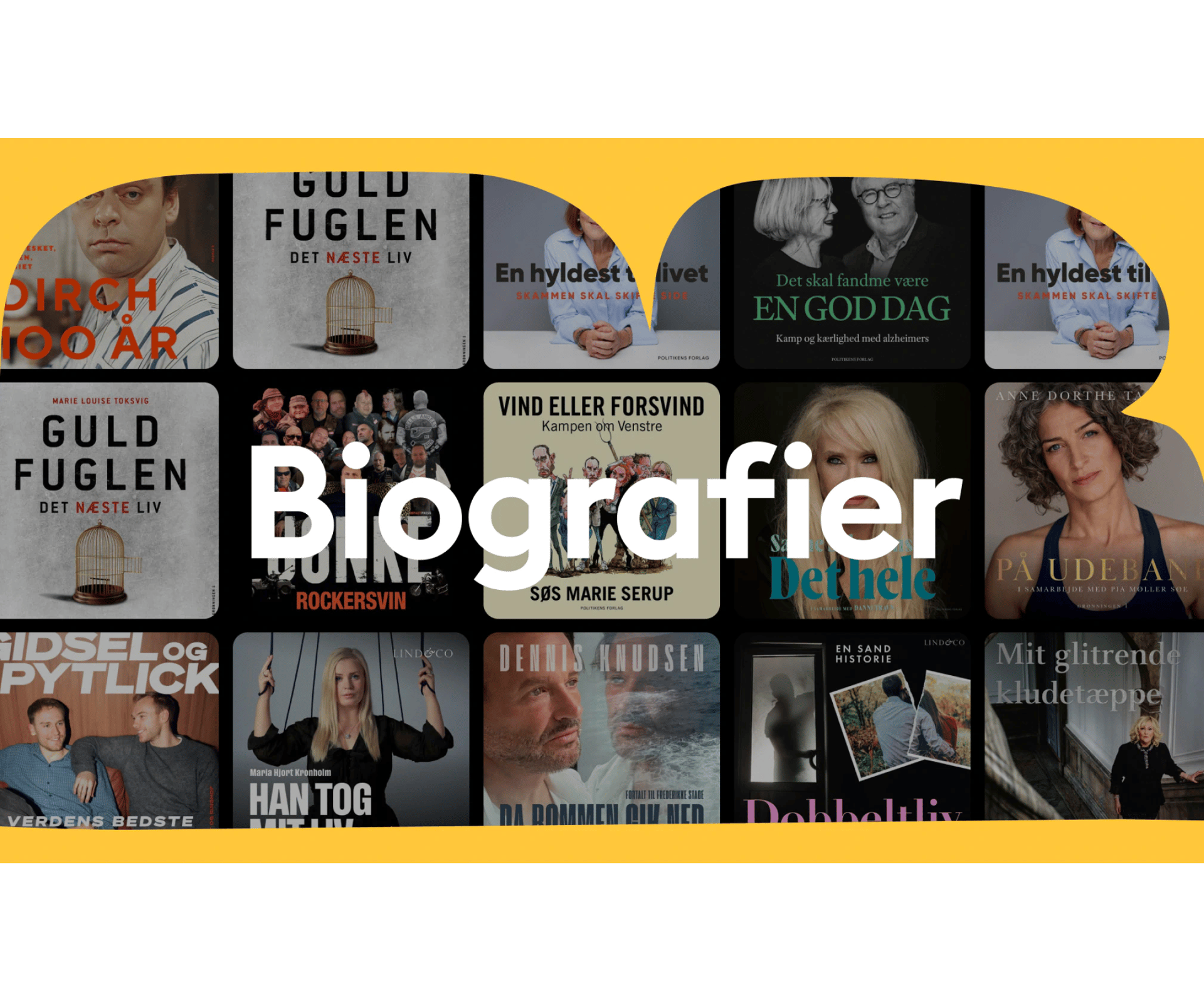 Kollage med bogforsider og den store tekst Biografier i midten på gul og grøn baggrund.