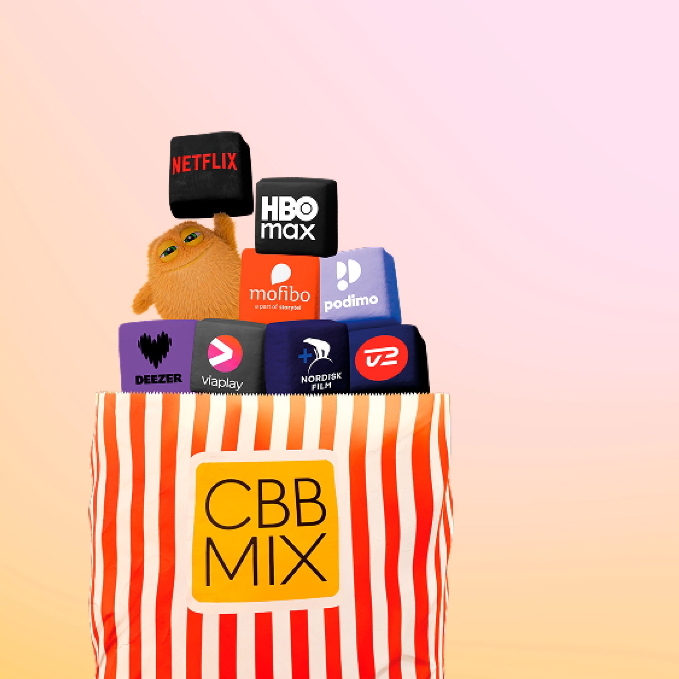 En rød- og hvidstribet popcornbøtte med CBB Mix-logo, omgivet af terninger med logoer for streaming- og underholdningstjenester som Netflix, HBO Max, Mofibo, Podimo, Deezer, Viaplay, Nordisk Film og TV 2.