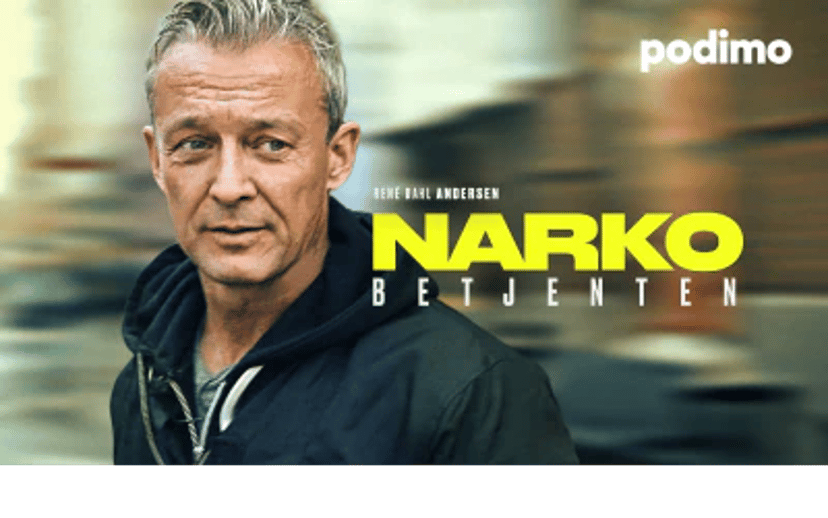 Portræt af René Karl Andersen foran en sløret baggrund med podimo-logo og titlen Narko Betjenten.