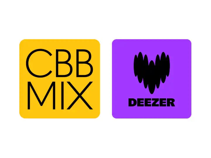 Logoer for CBB MIX og Deezer side om side på hvid baggrund, designet til at illustrere et samarbejde.