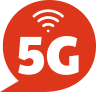 Hvidt 5G-logo placeret i en orange cirkel på orange baggrund.