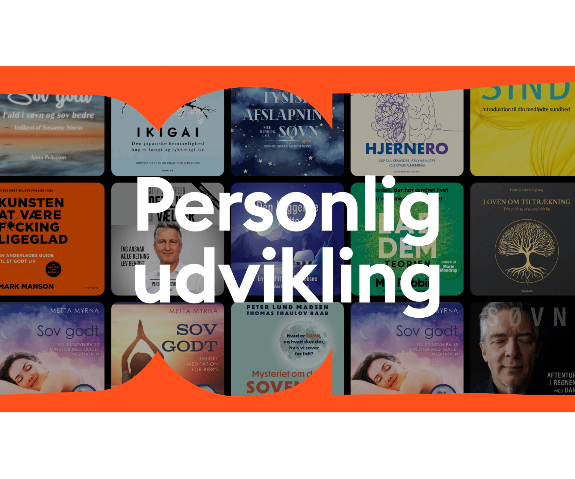 Kollage af lydbogsomslag om personlig udvikling med stor hvid tekst i midten på orange baggrund.