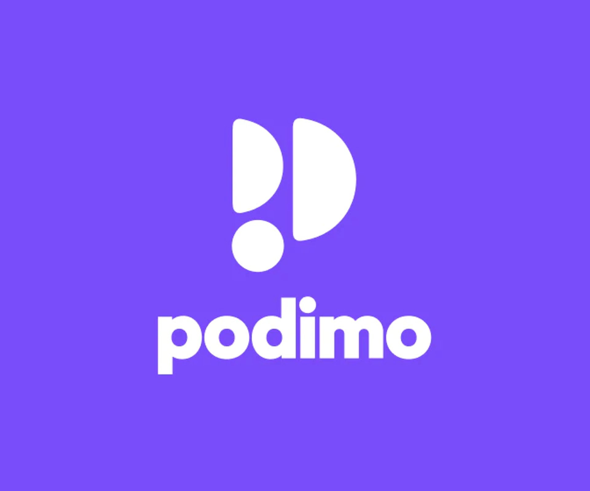 Podimo-logo i hvid på lilla baggrund.