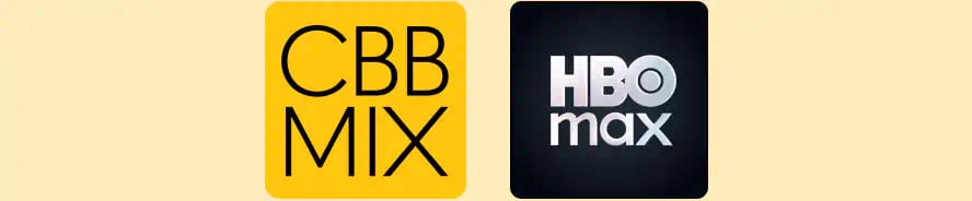 Logoer for CBB MIX og HBO Max placeret side om side på en enkel beige baggrund, der symboliserer samarbejde.