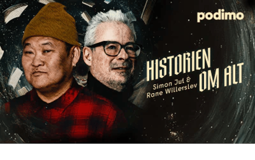 Podcastbanner med to portrætter og teksten “Historien om alt” samt Podimo-logo.