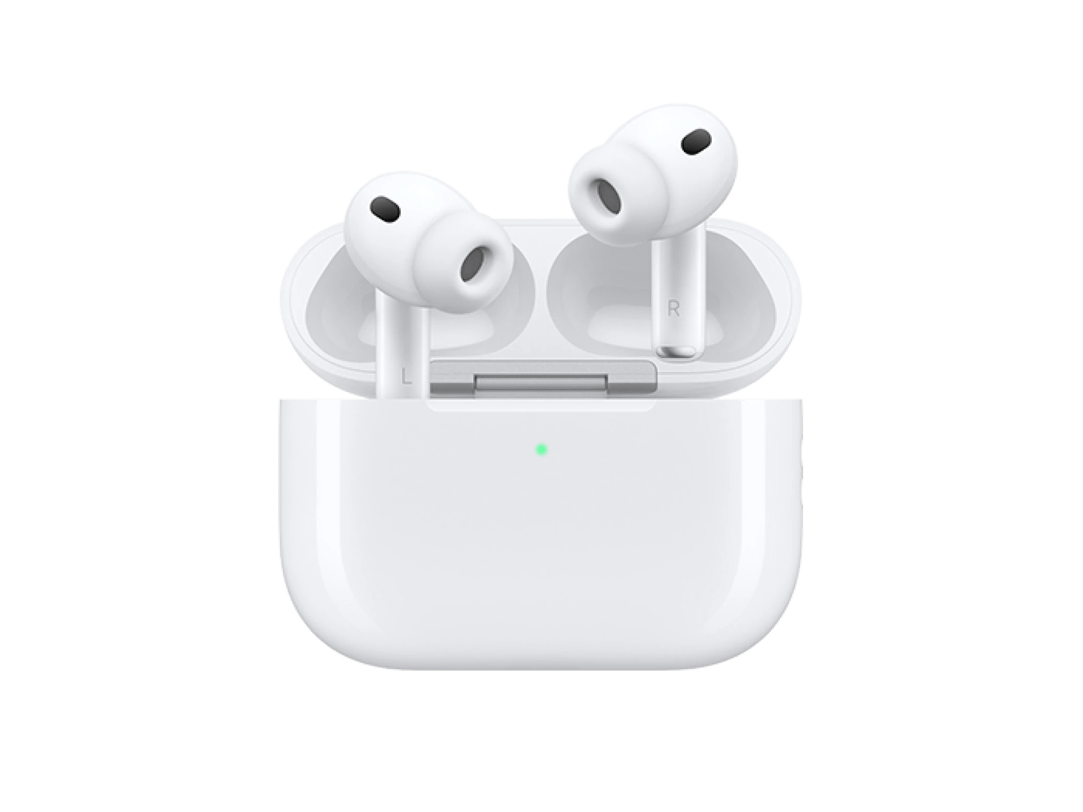 Hvide Apple AirPods 4 i åbent opladningsetui på sort baggrund.