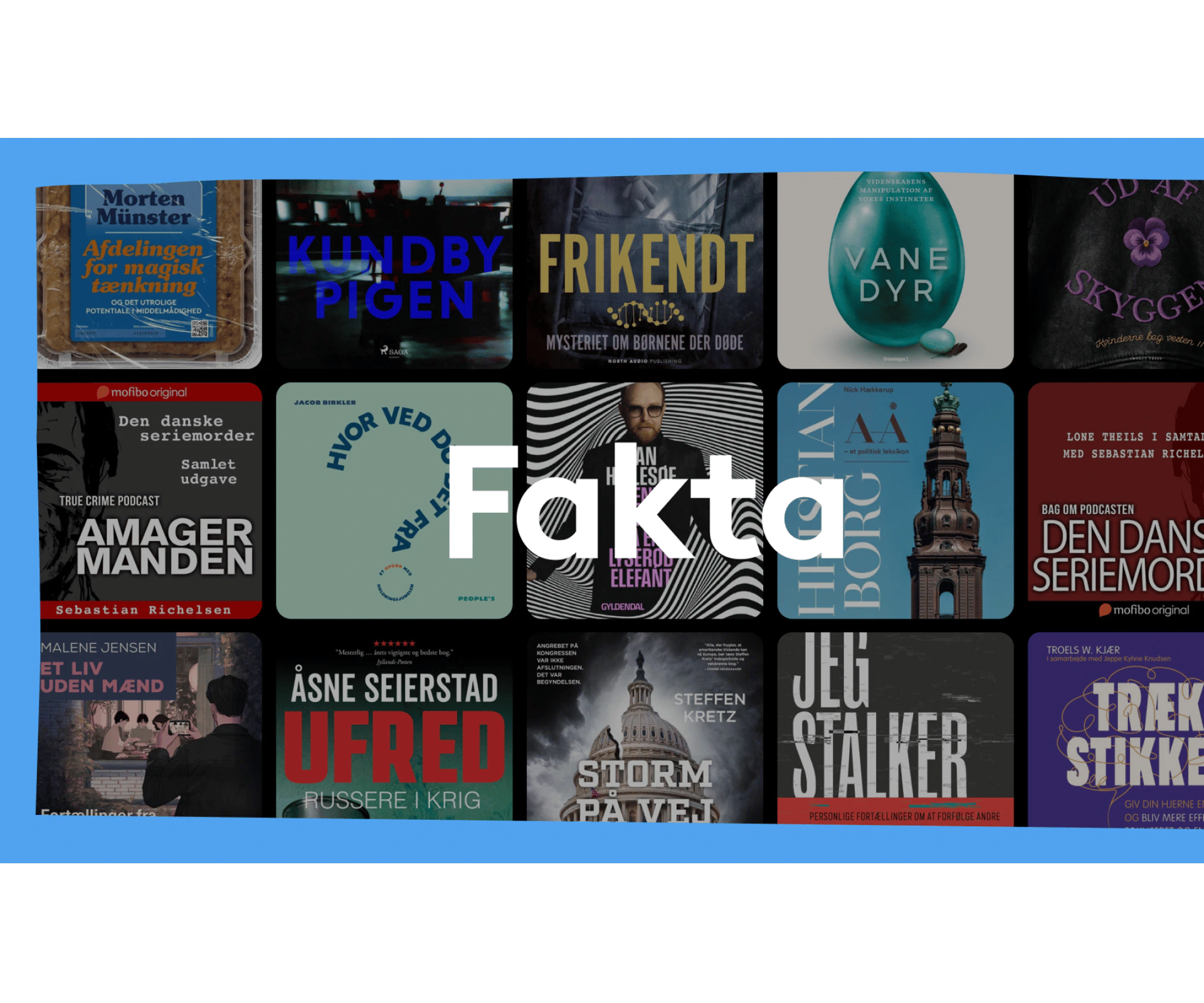 Collage af danske lydbogs- og podcastforsider med teksten Fakta på sort baggrund og blå ramme.