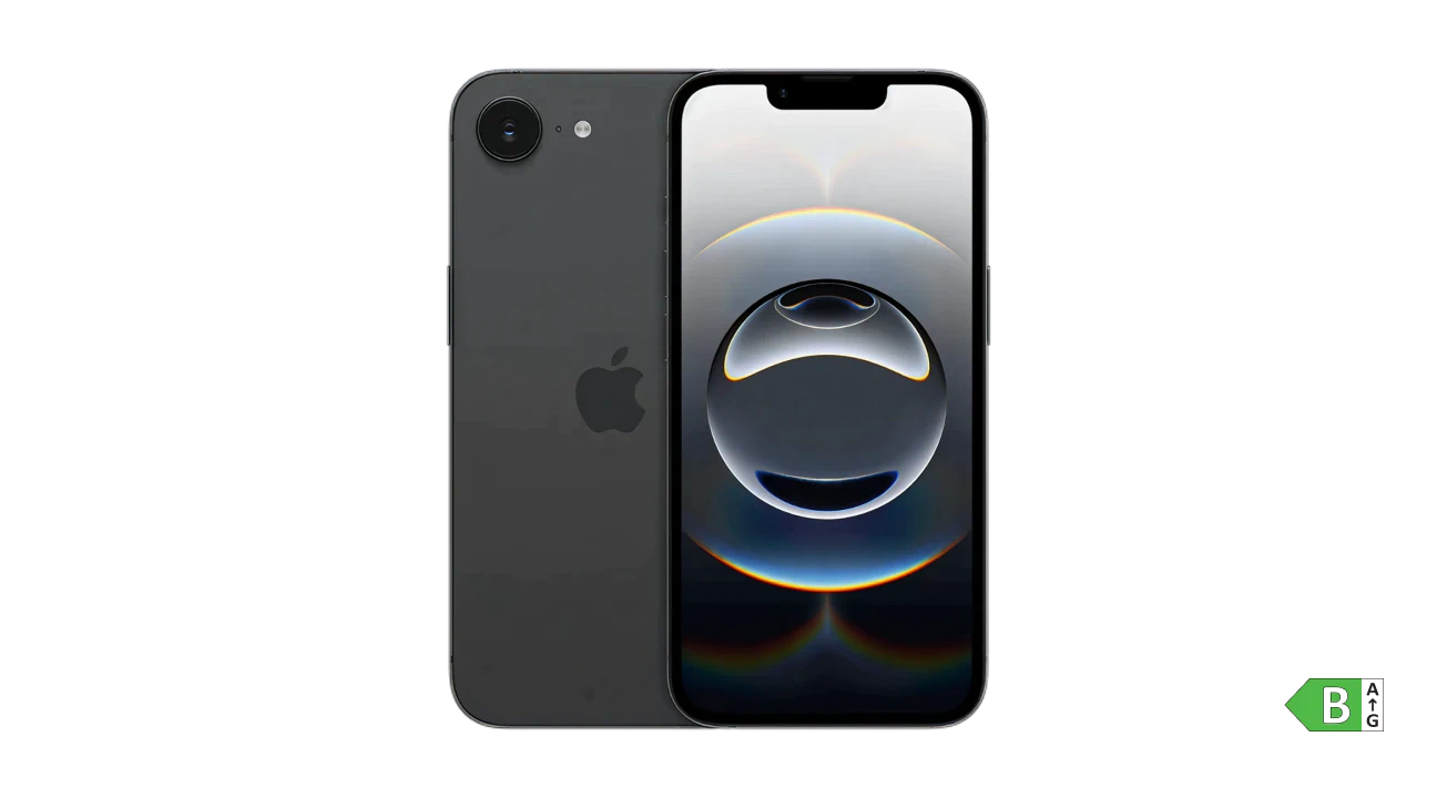 Sort iPhone 16e vist forfra og bagfra på sort baggrund med lysspil på skærmen.