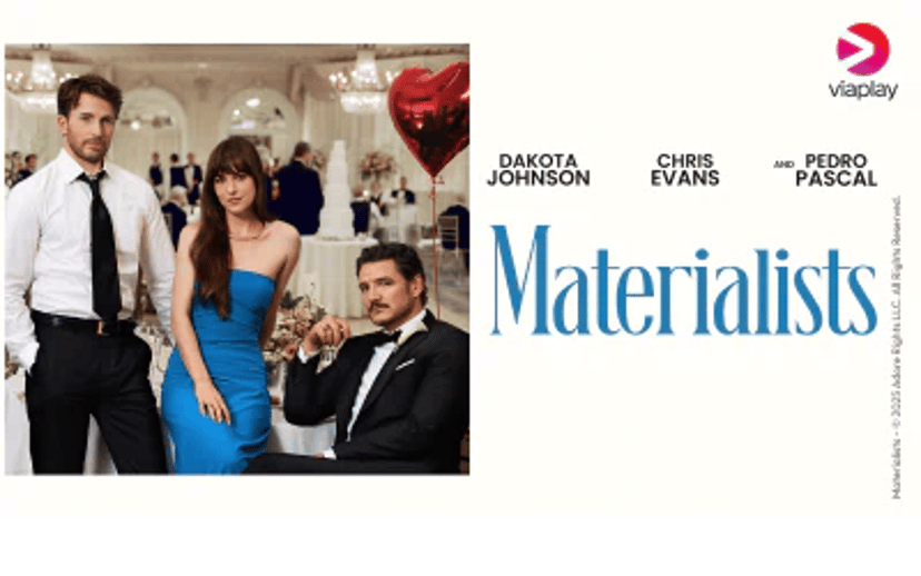 Promobillede for Materialists på Viaplay med Dakota Johnson, Chris Evans og Pedro Pascal samt filmens titel.