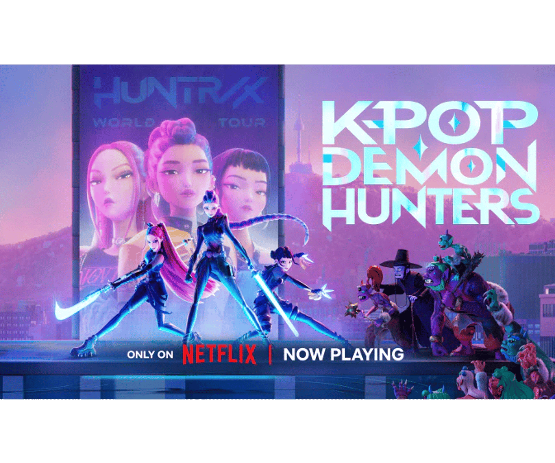 Farverigt Netflix-banner med K-pop Demon Hunters, tre figurer i forgrunden og stor titeltekst til højre.