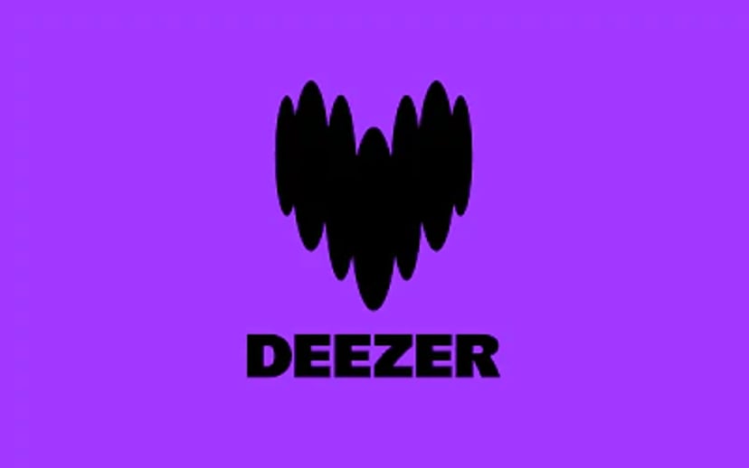 Sort Deezer-logo med ikon og tekst på lilla baggrund.