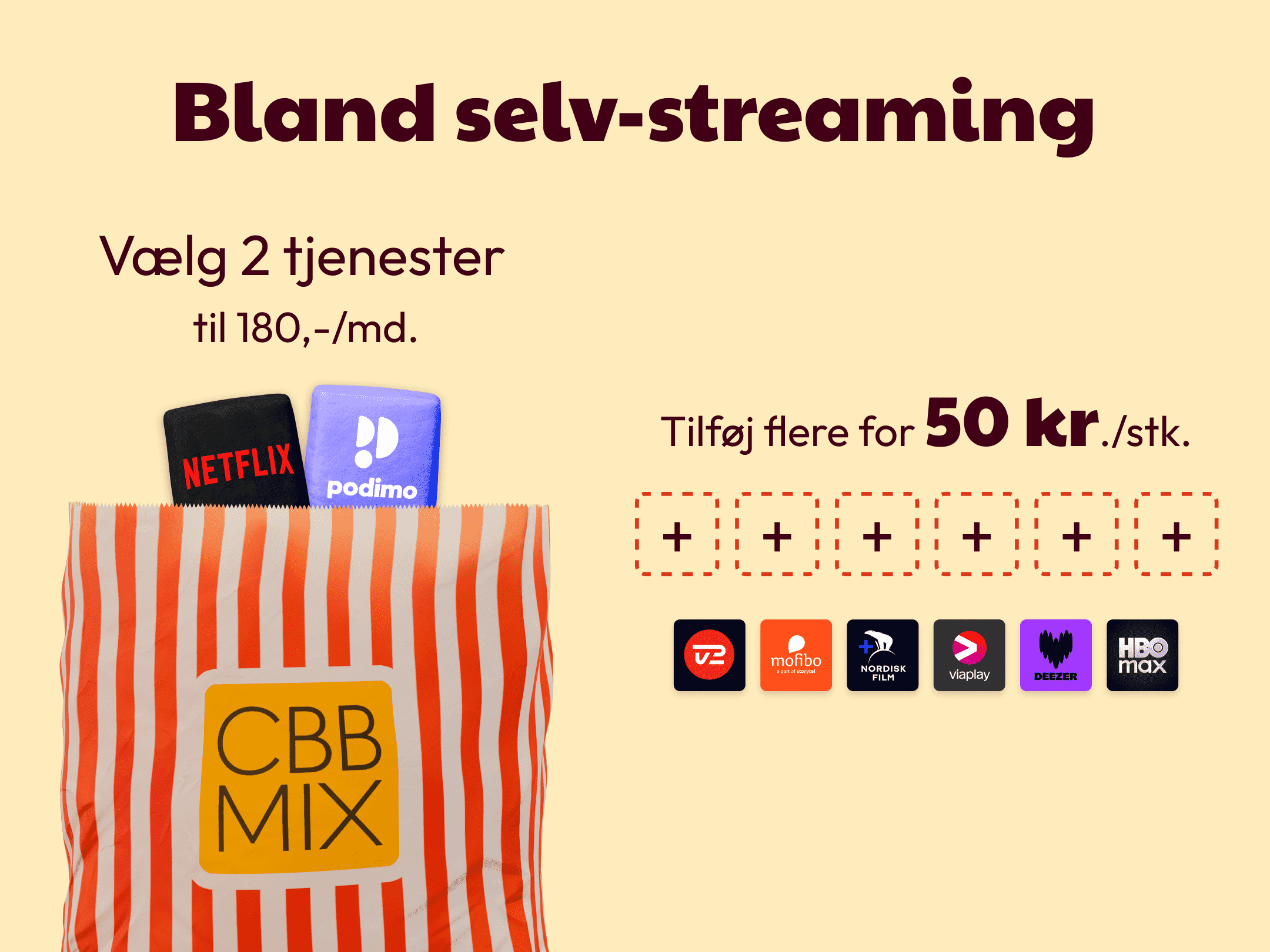 Grafik for CBB Mix med tilbuddet om at vælge to streamingtjenester til 180 kr. om måneden og mulighed for at tilføje flere tjenester for 50 kr. pr. stk. Netflix, Podimo og flere streamingtjenester er vist.