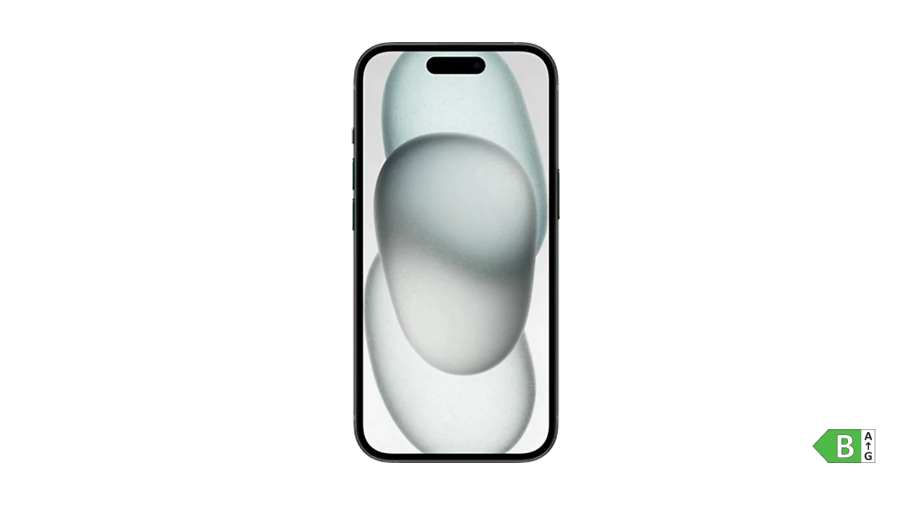 iPhone 15 vist forfra med et abstrakt gråt og lyseblåt tapet på skærmen.