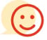 En simpel smiley med orange omrids, hvid baggrund og røde øjne og mund.