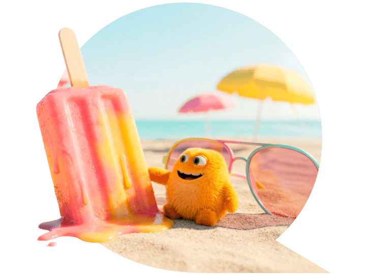 Lille Pris hygger sig på stranden ved en farverig ispind og et par solbriller.