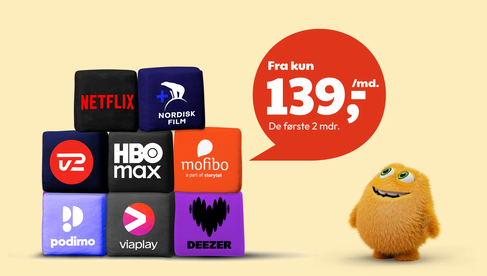 Orange Små Priser-figur ved en bunke streamingtjenester og et tilbud fra kun 139 kr./md. de første 2 mdr.