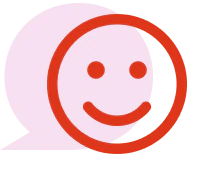 En enkel orange cirkel med et smilende ansigt og to prikker som øjne på lys baggrund.