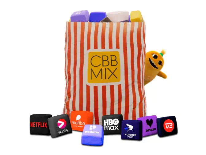Pose med CBB MIX-logo fyldt med farvede terninger med streaminglogoer og en Lille Pris-figuren – symbol på lave priser og nem underholdning.