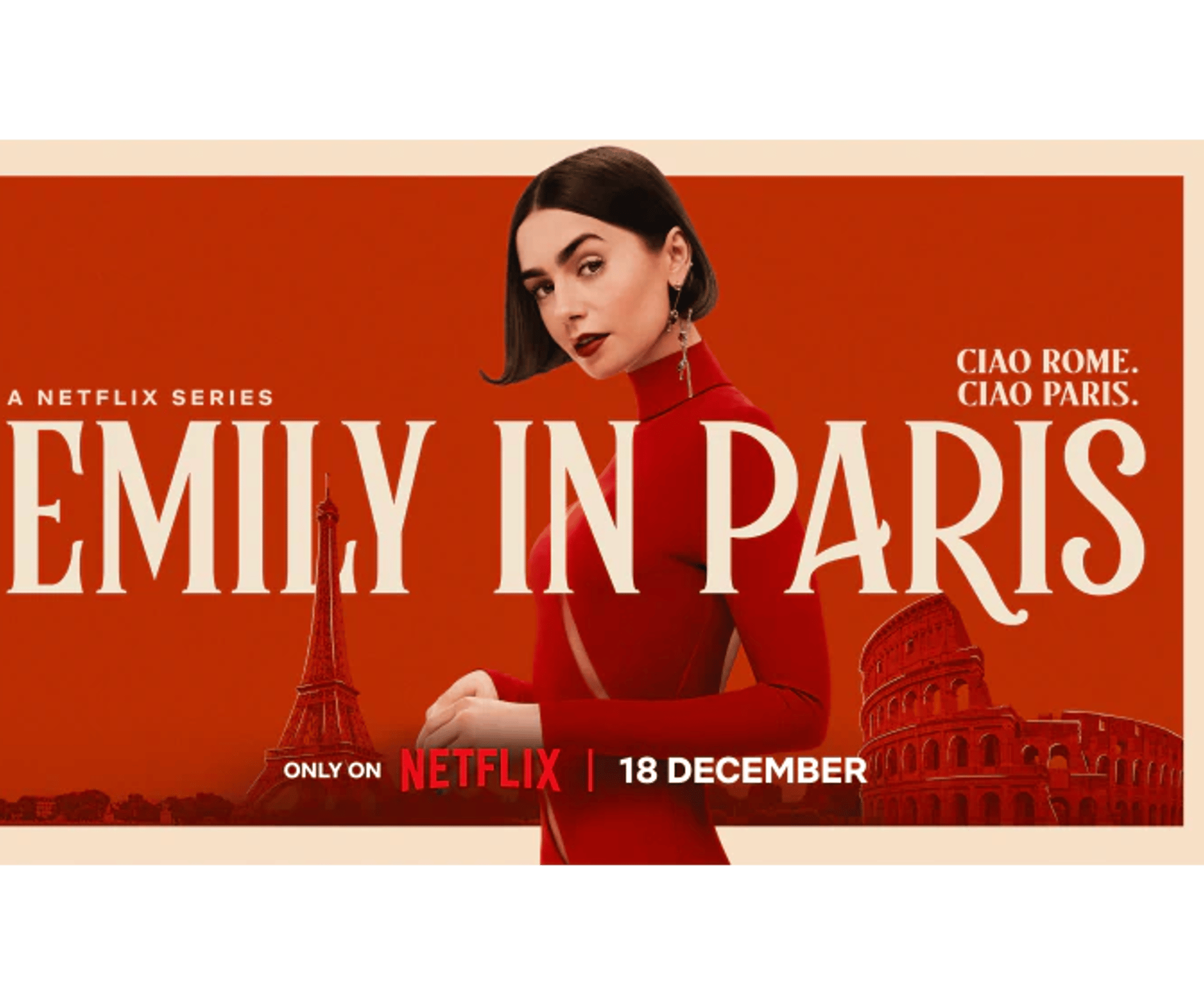 Rødt kampagnebanner for Netflix-serien Emily in Paris med kvinden Emily foran Paris-silhuetter, Netflix-logo og premieredato.