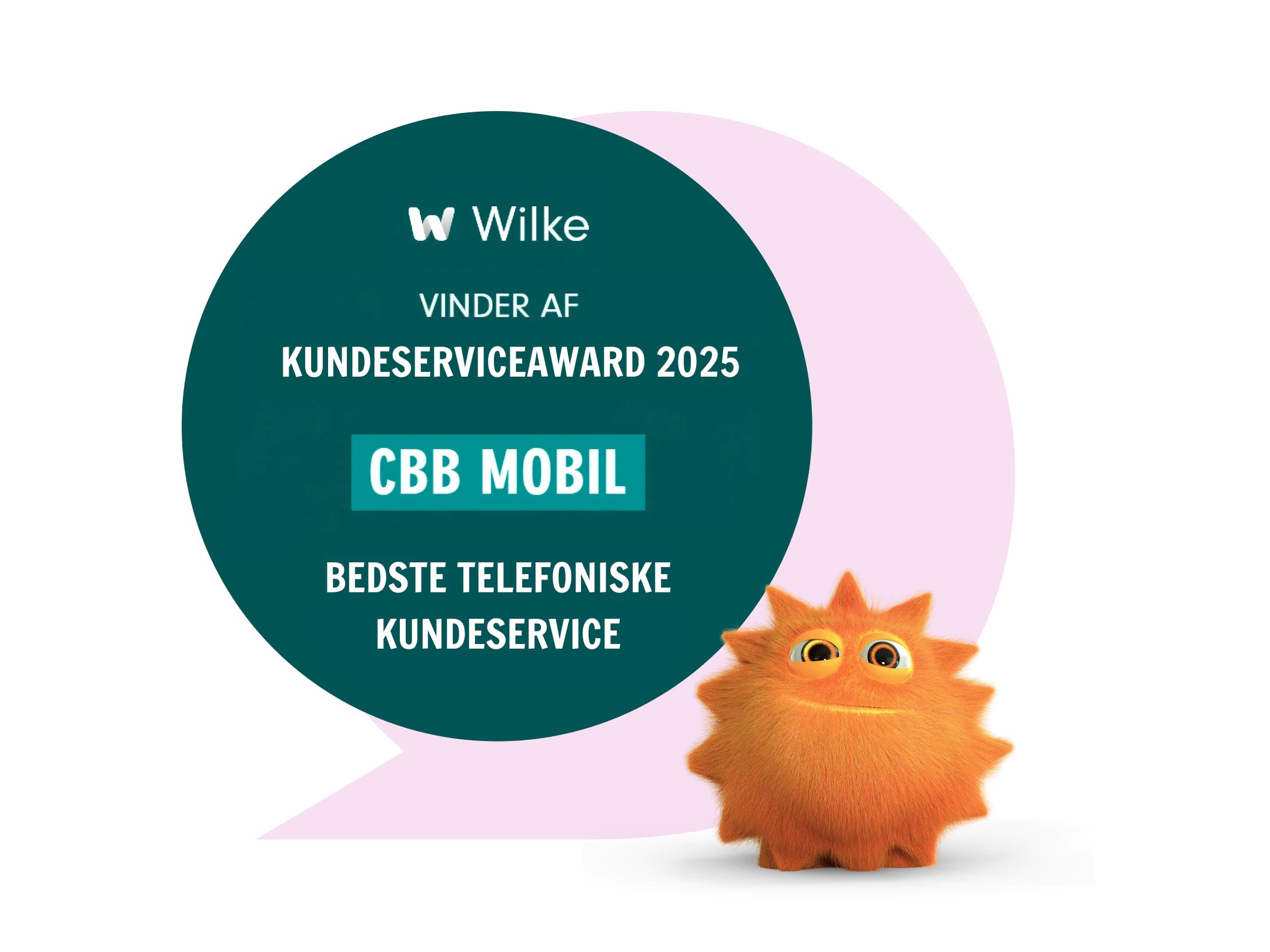 Grafik med Wilke-logoet og teksten om, at CBB Mobil vinder Kundeserviceaward 2025 for bedste telefoniske kundeservice. En orange figur står foran en lyserød taleboble i baggrunden.